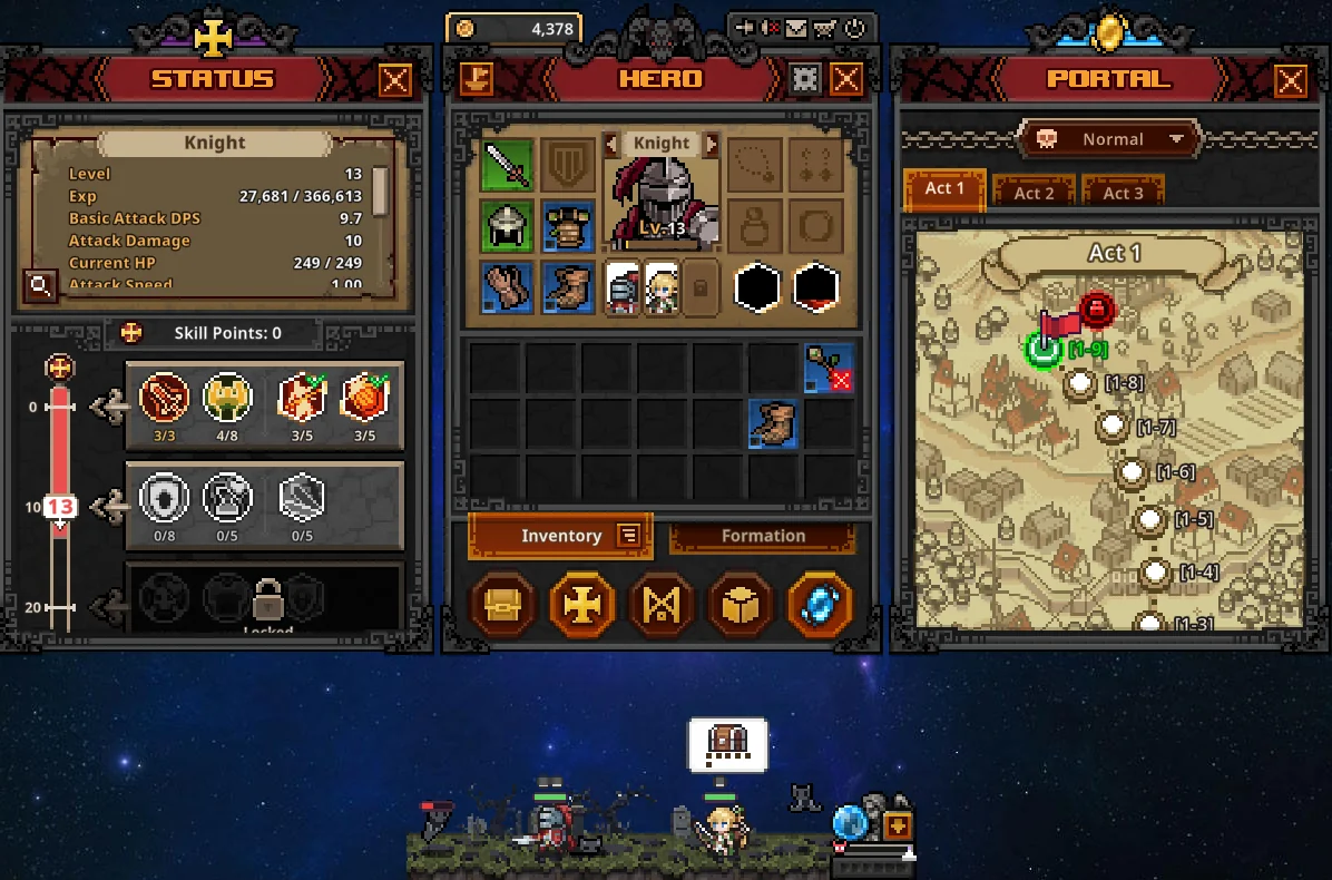 Tela do TBH: painéis STATUS, HERO e PORTAL